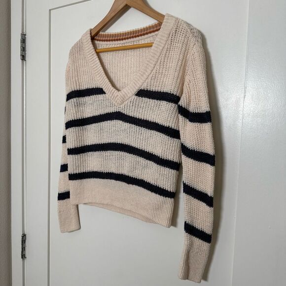 Faherty Sweater Womens Sz XS Miramar Stripe Linen Cotton Chunky Knit V Neck Boho - Picture 2 of 10